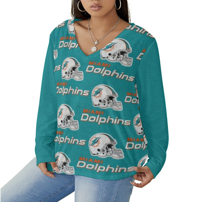 Miami Football Game Day All-Over Print Women's V-neck T-shirt With Curved Hem(Plus Size)