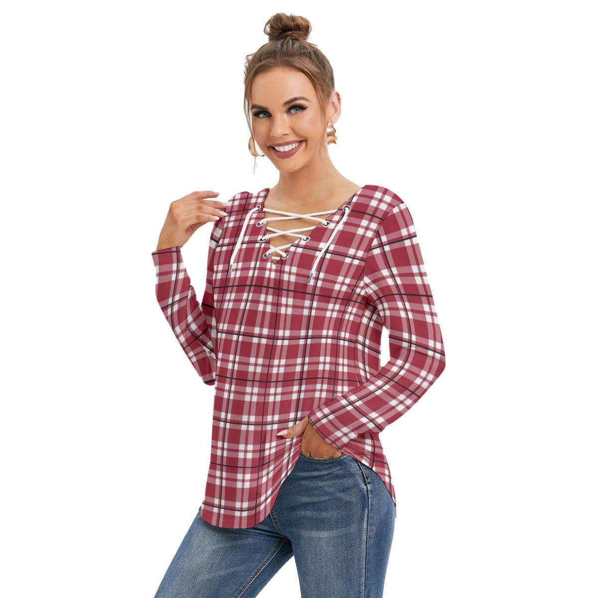 Alabama - Crimson Tide tartan plaid  Women's Long Sleeve Neckline Tie Sweatshirt