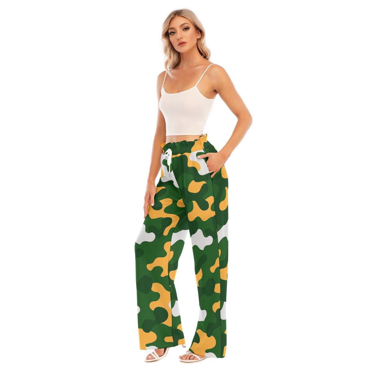 Green Bay Football Game Day All-Over Print Women's Waist Fungus Edge Wide-leg Pants