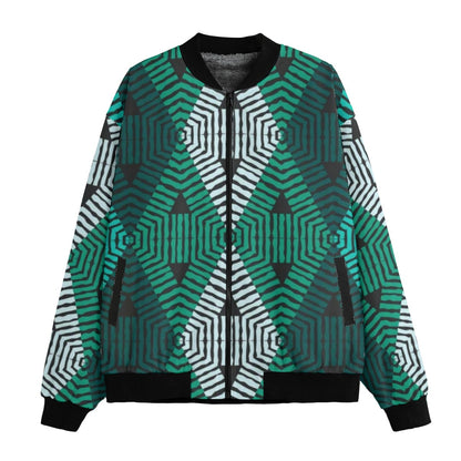 BoomBox Vibes Green White Boho Lace Fleece Bomber Jacket – Ethnic Seamless Streetwear