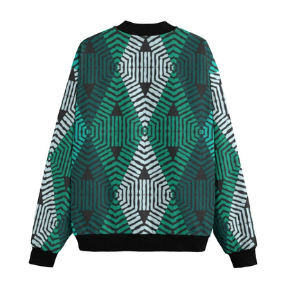 BoomBox Vibes Green White Boho Lace Fleece Bomber Jacket – Ethnic Seamless Streetwear