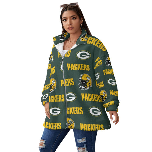 Green Bay Football Game Day All-Over Print Unisex Borg Fleece Stand-up Collar Coat With Zipper Closure(Plus Size)