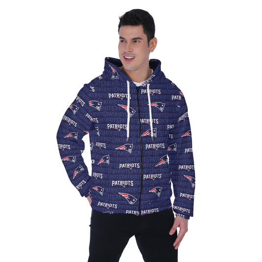 New England Football Game Day All-Over Print Men's Heavy Fleece Raglan Zip Up Hoodie With Pocket