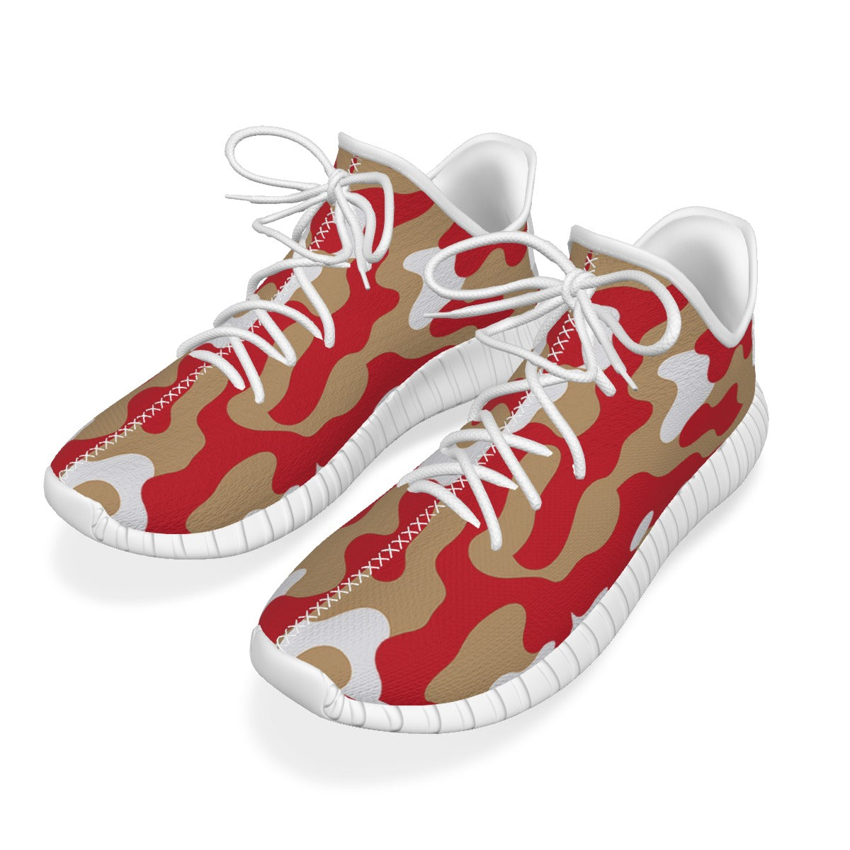 Red and beige camouflage sneakers with white laces on a white background