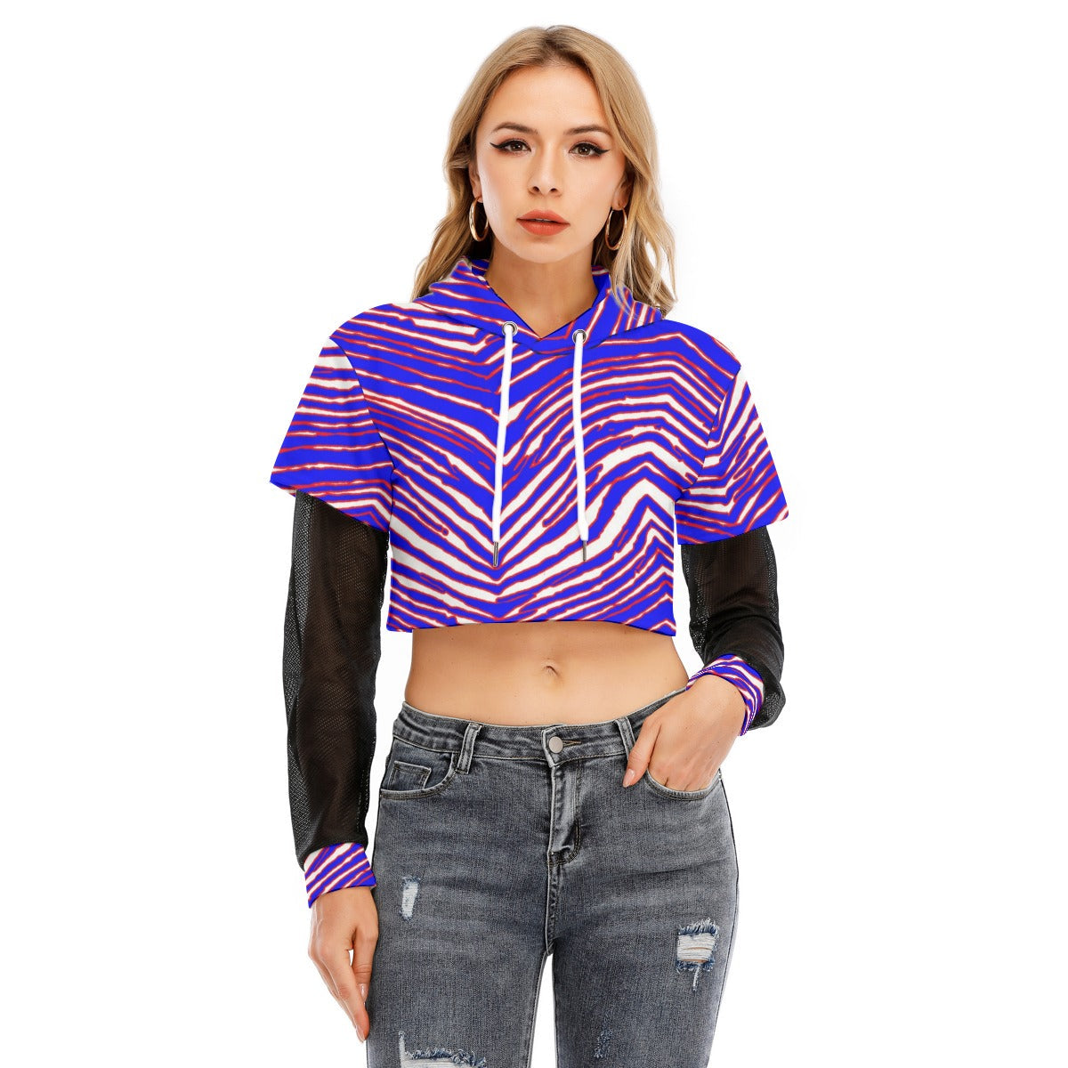 Buffalo Bills Zubaz Women's Fake Two-piece Mesh Sleeve Cropped Hoodie