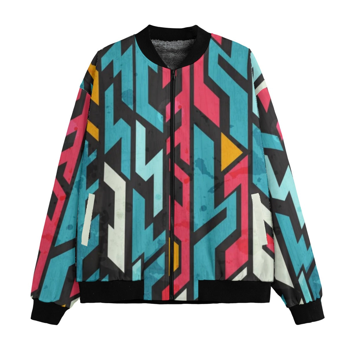 Colorful geometric patterned jacket on a white background