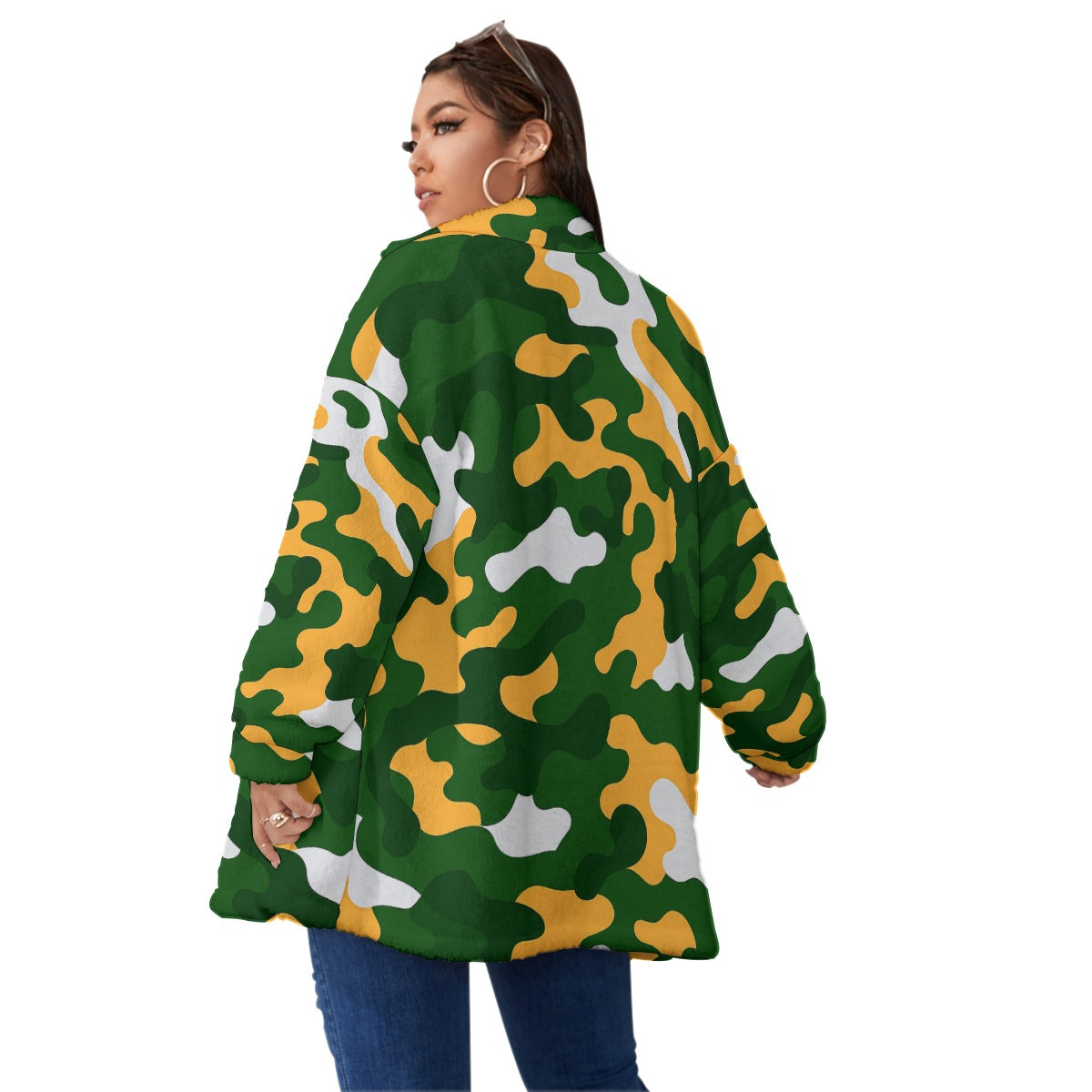 Green Bay Football Game Day All-Over Print Unisex Borg Fleece Stand-up Collar Coat With Zipper Closure(Plus Size)