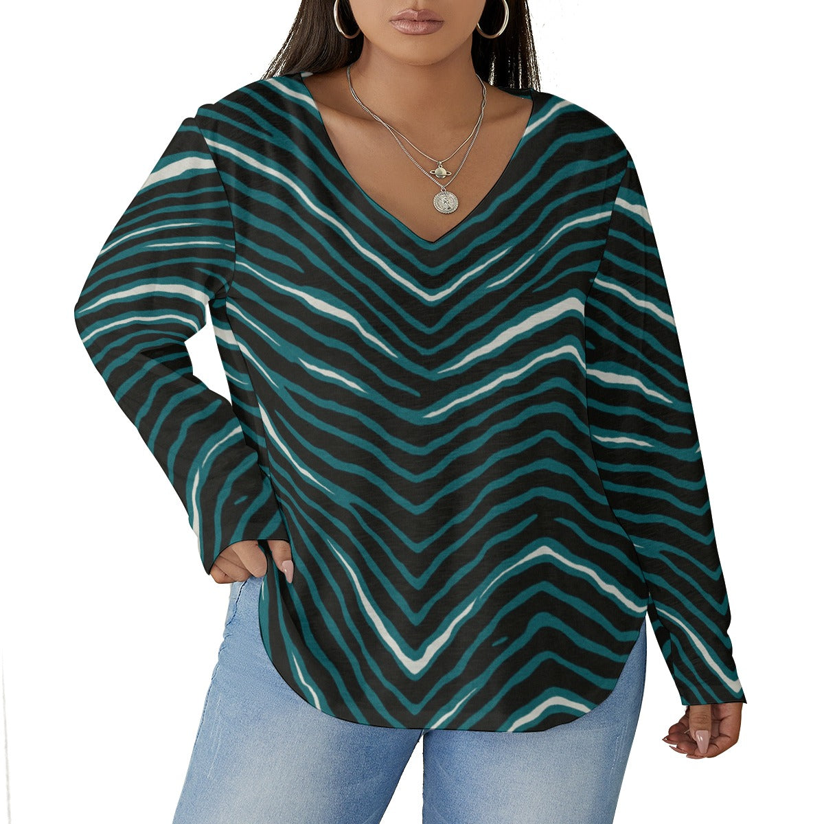 Philadelphia Football Game Day All-Over Print Women's V-neck T-shirt With Curved Hem(Plus Size)