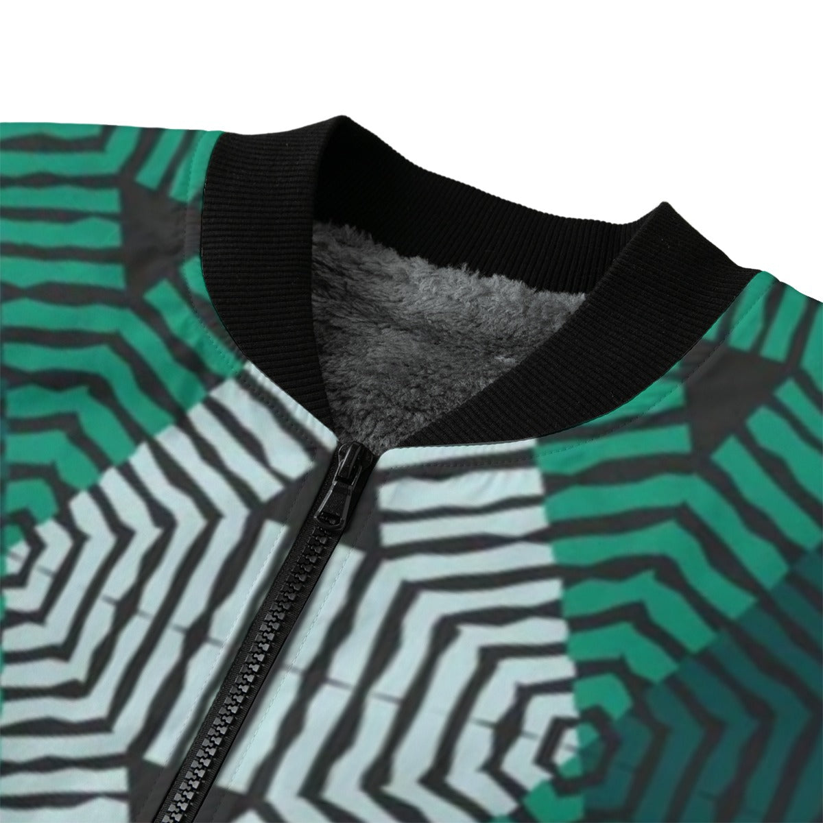 BoomBox Vibes Green White Boho Lace Fleece Bomber Jacket – Ethnic Seamless Streetwear