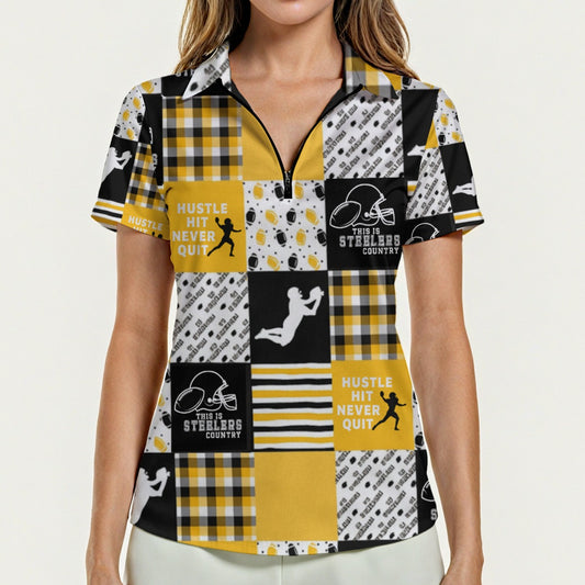 All-Over Print Women's Zip Polo Shirt With Short Sleeve