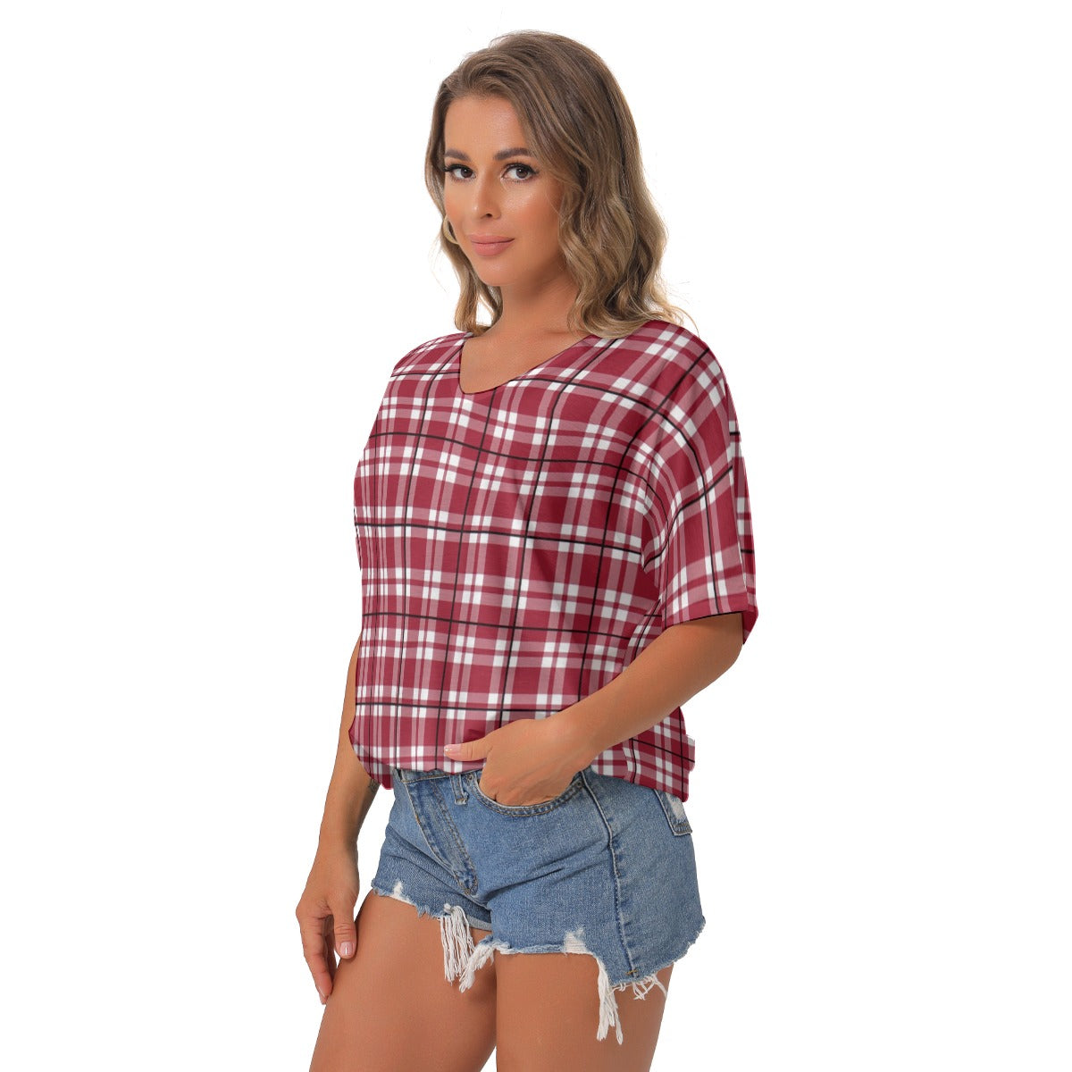 Alabama Tartan plaid  Women's Bat Sleeves V-Neck Blouse