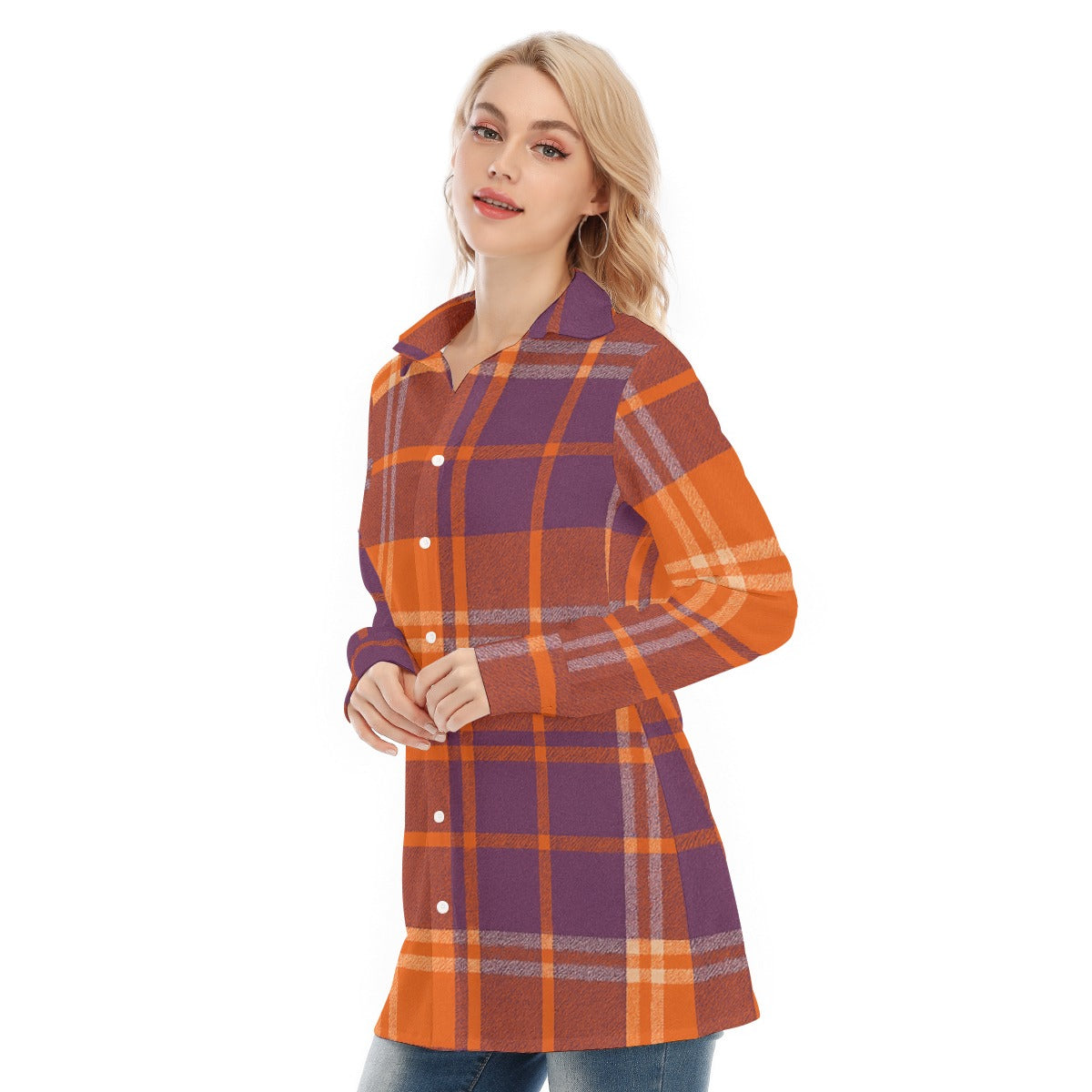 Clemson Tartan Plaid  Women's Long Shirt |115GSM Cotton poplin