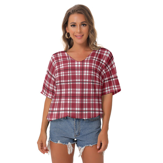 Alabama Tartan plaid  Women's Bat Sleeves V-Neck Blouse