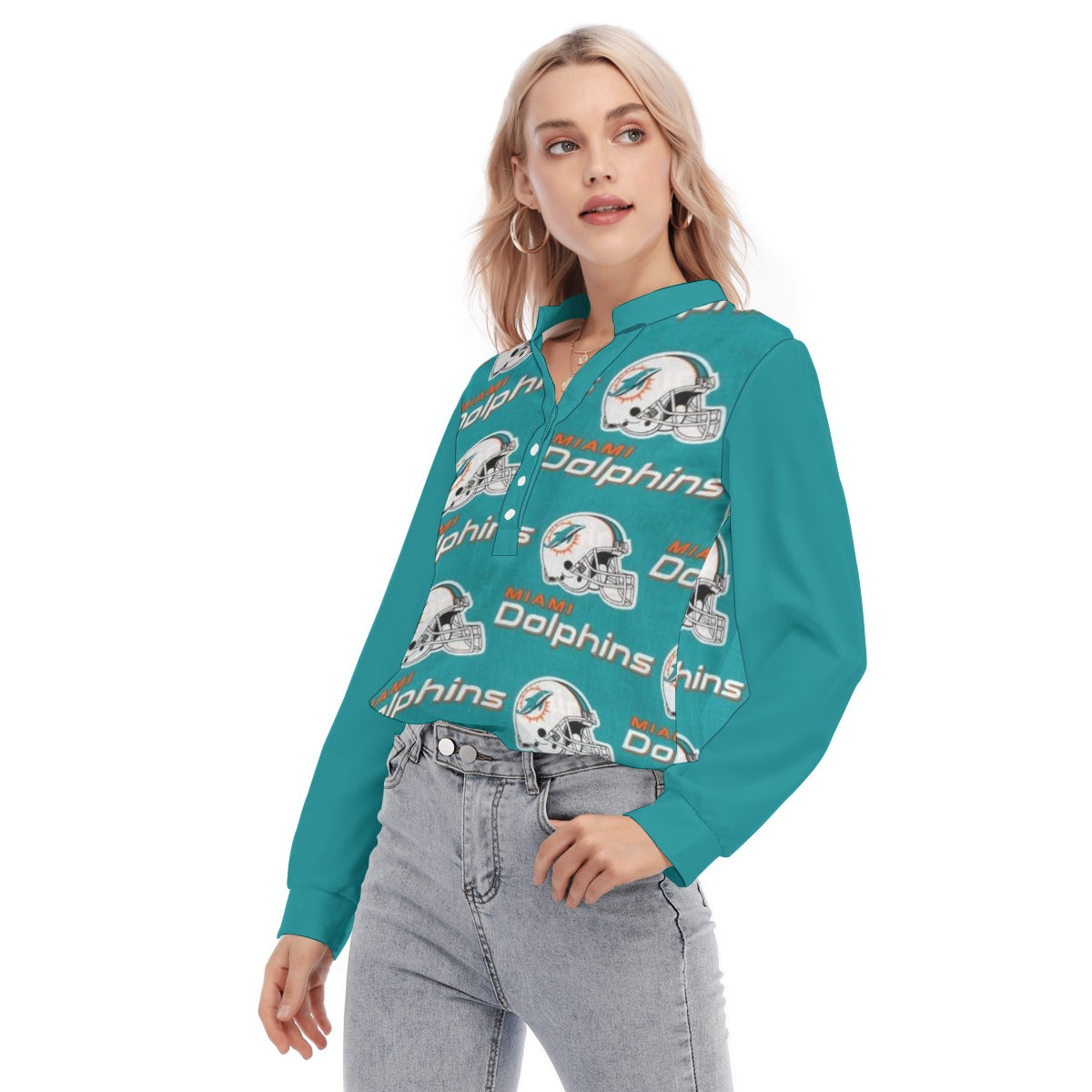 Miami Football Game Day All-Over Print Women's Long Sleeve Blouse With Button Closure