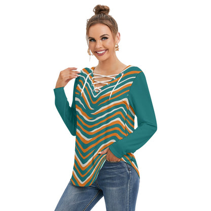 Miami Football Game Day All-Over Print Women's Long Sleeve Neckline Tie Sweatshirt