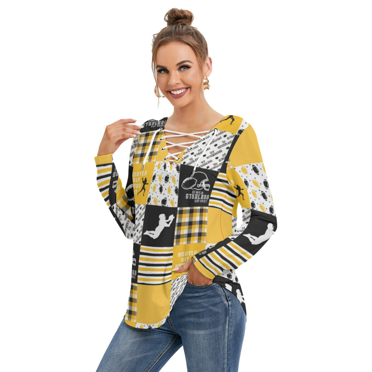 All-Over Print Women's Long Sleeve Neckline Tie Sweatshirt