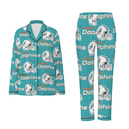Miami Football Game Day All-Over Print Women's Long Sleeve Pajama Set With Black Contrast Piping