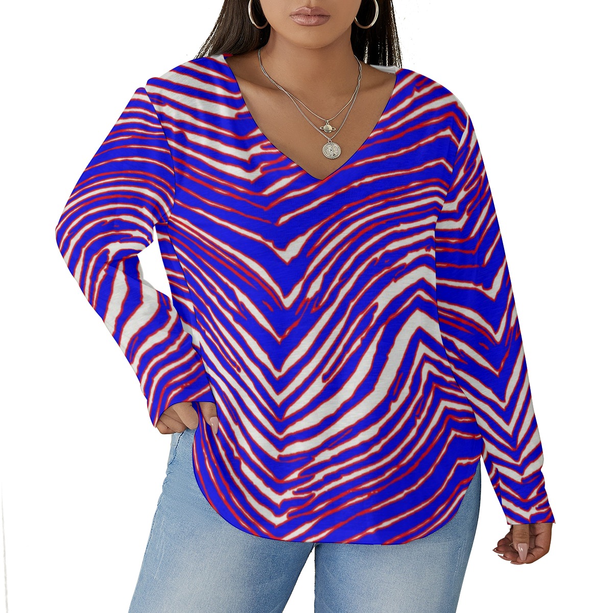 Buffalo Bills Zubaz Women's V-neck T-shirt With Curved Hem(Plus Size)