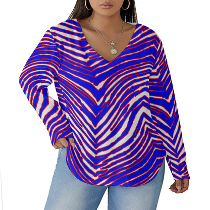 Buffalo Bills Zubaz Women's V-neck T-shirt With Curved Hem(Plus Size)