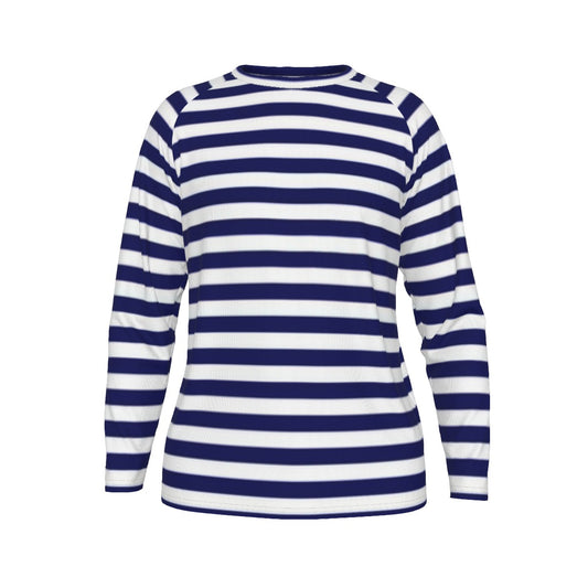 Blue and white striped long-sleeve shirt on a white background