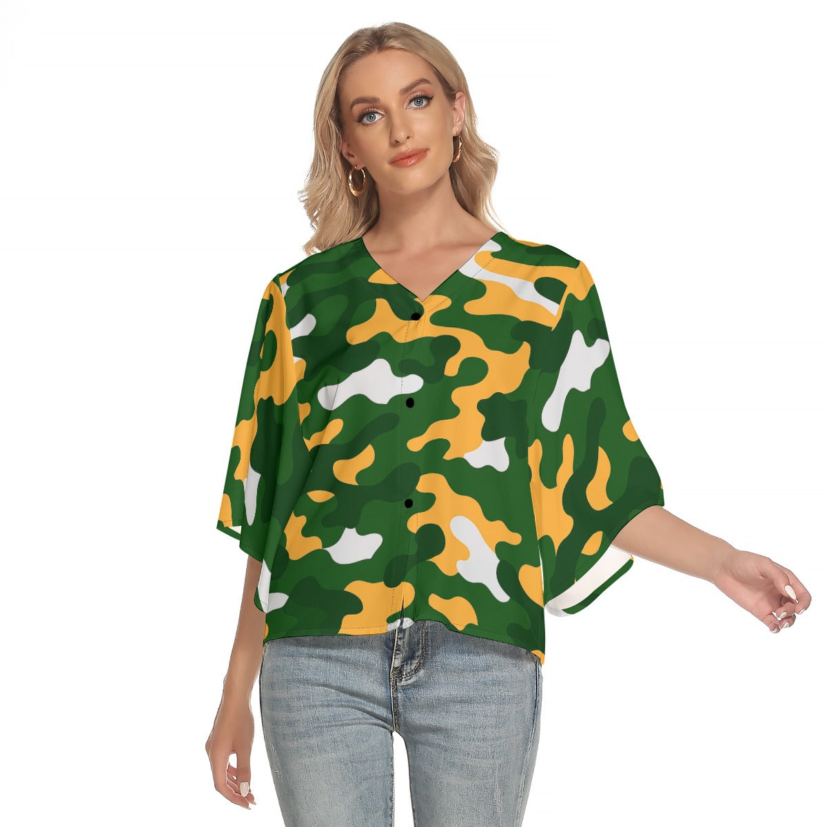 Green Bay Football Game Day All-Over Print Women's Bat Sleeve Light V-neck Front Buttoned Top