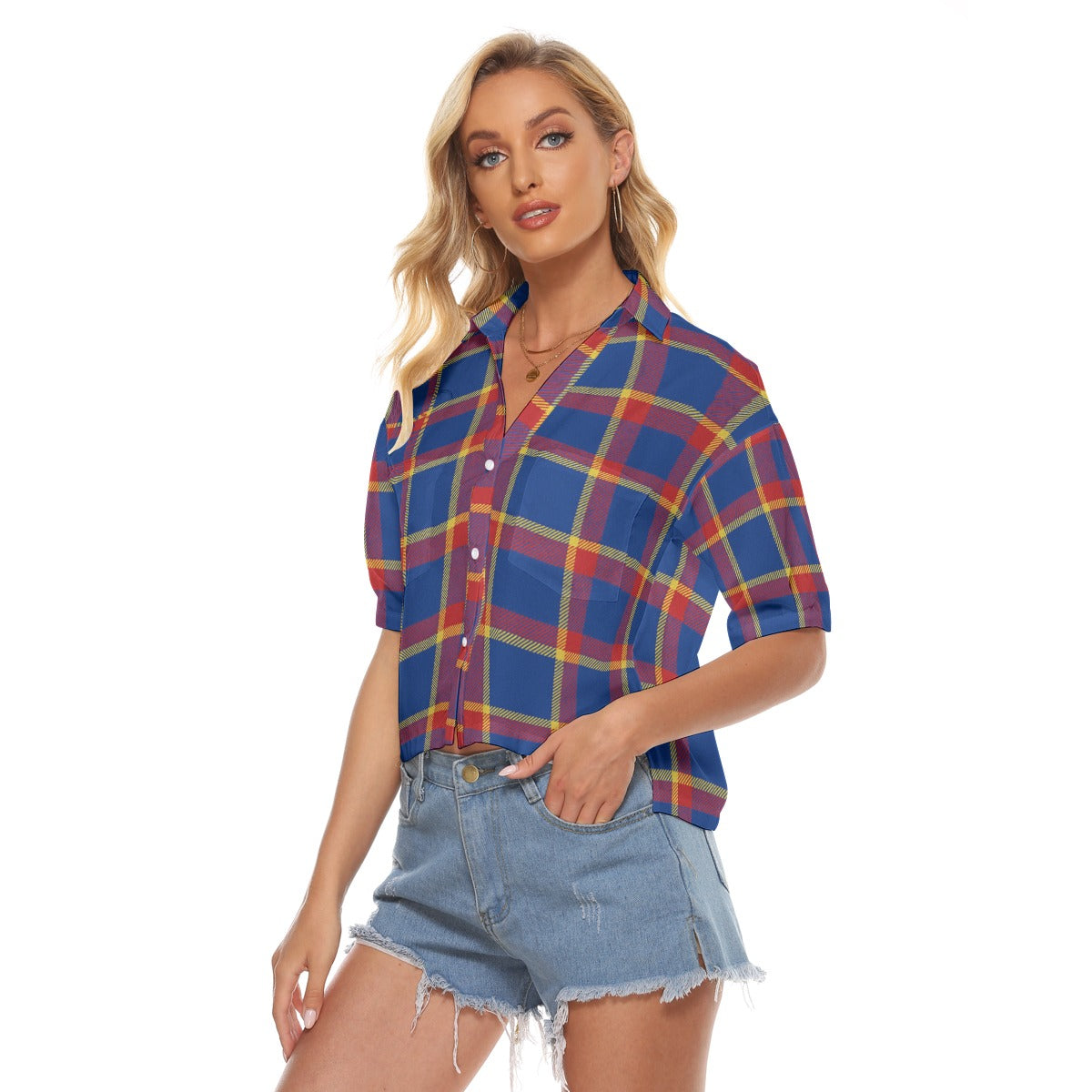 Urban Legend Kansas Jayhawks Tartan Plaid Women's V-Neck Shirt – Blue, Crimson, and Yellow College S