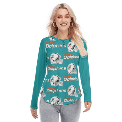 Miami Football Game Day All-Over Print Women's Raglan Sleeves U-Shaped Hem Long Sleeves Blouse