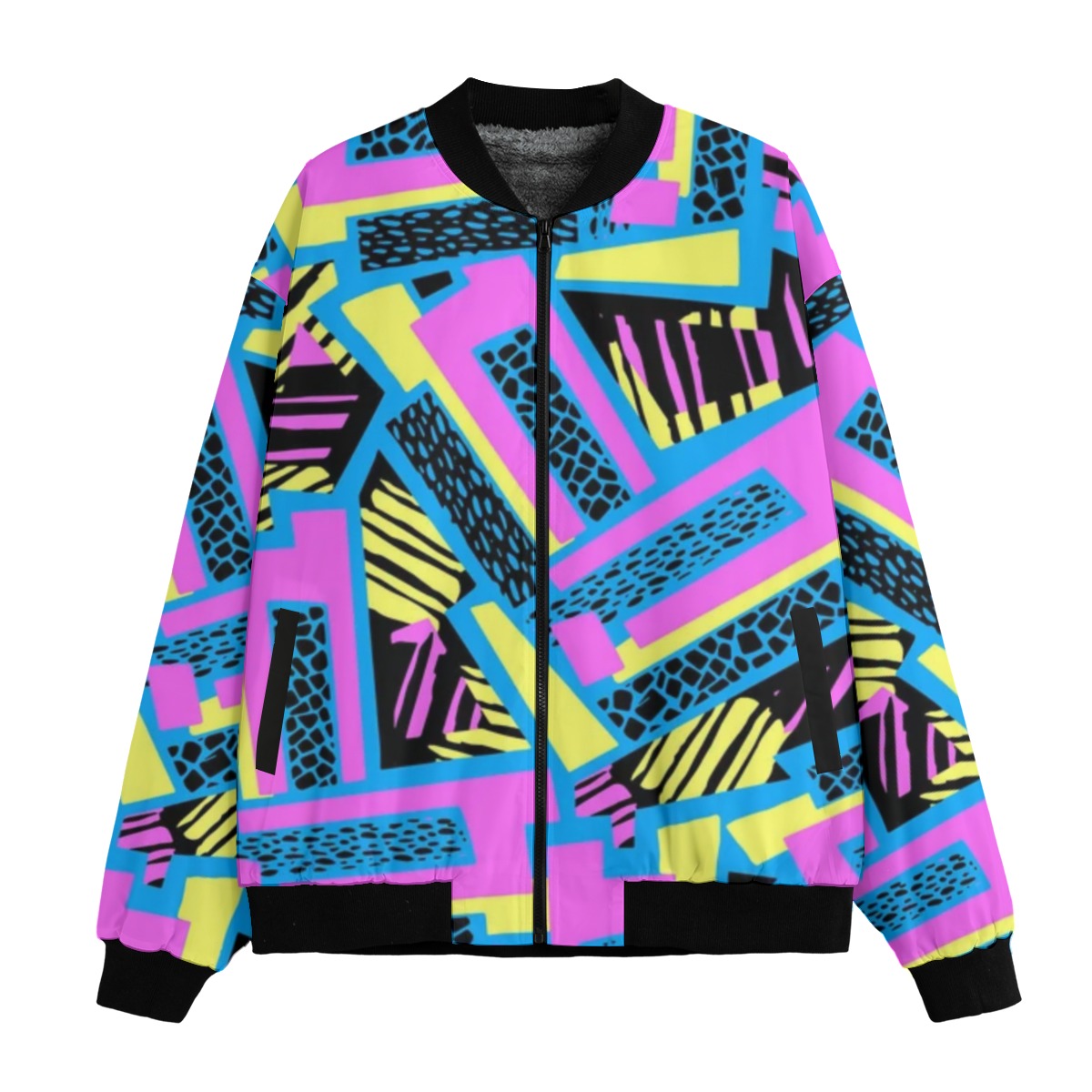 Urban Legend 90s Street Icons – Geometric Curved Lines Graffiti Seamless Fleece Bomber Jacket