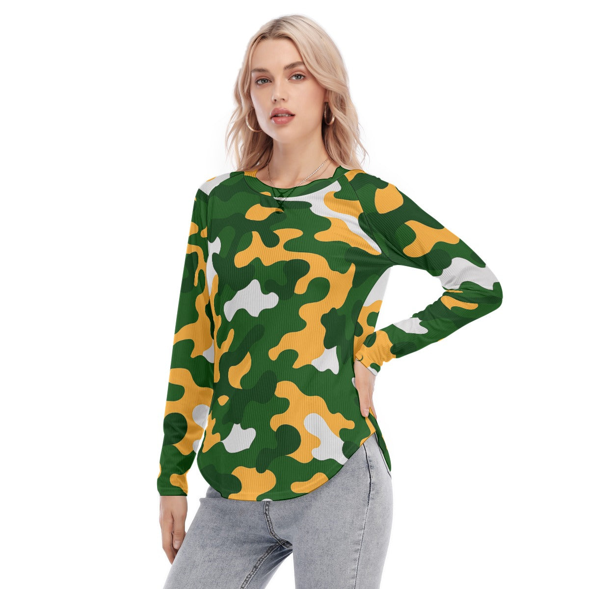 Green Bay Football Game Day All-Over Print Women's Raglan Sleeves U-Shaped Hem Long Sleeves Blouse