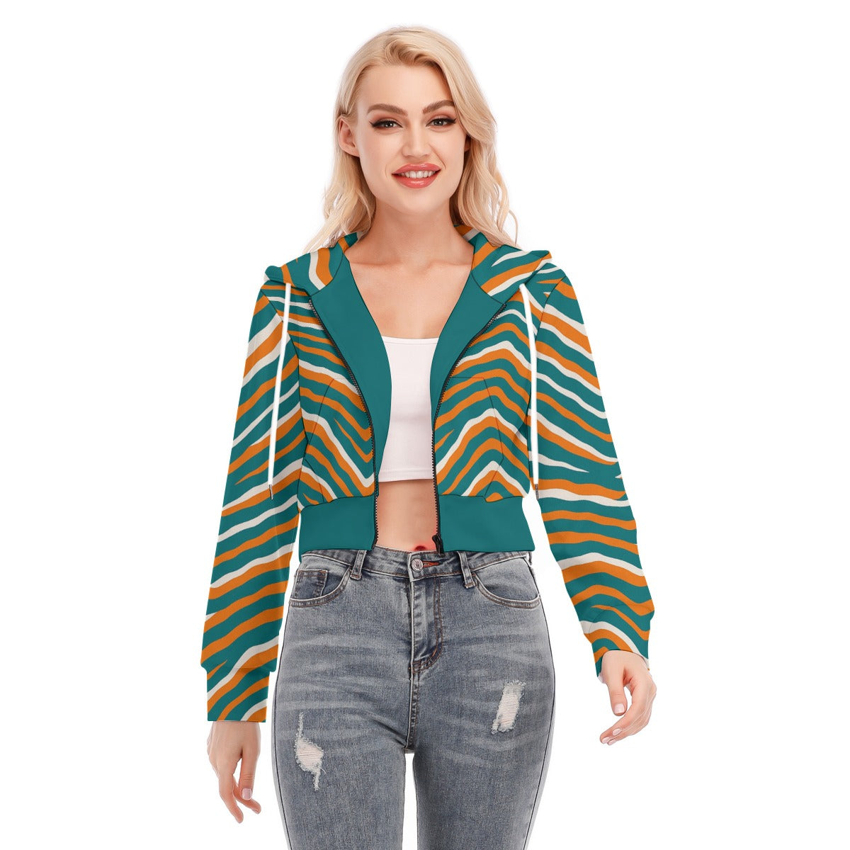 Miami Football Game Day All-Over Print Women's Crop Top Hoodie With Zipper Closure
