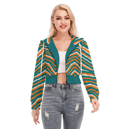 Miami Football Game Day All-Over Print Women's Crop Top Hoodie With Zipper Closure