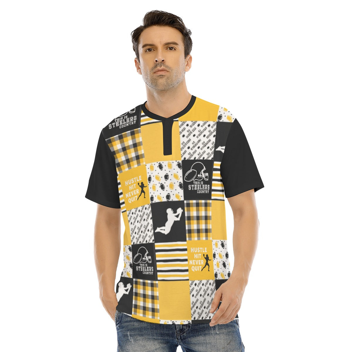 All-Over Print Men's Short Sleeve T-shirt With Button Closure