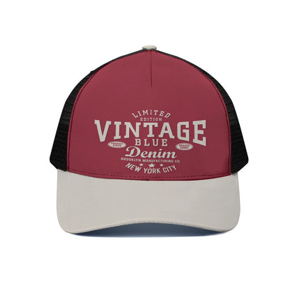 Red and beige cap with 'Vintage Blue Denim' text on a white background