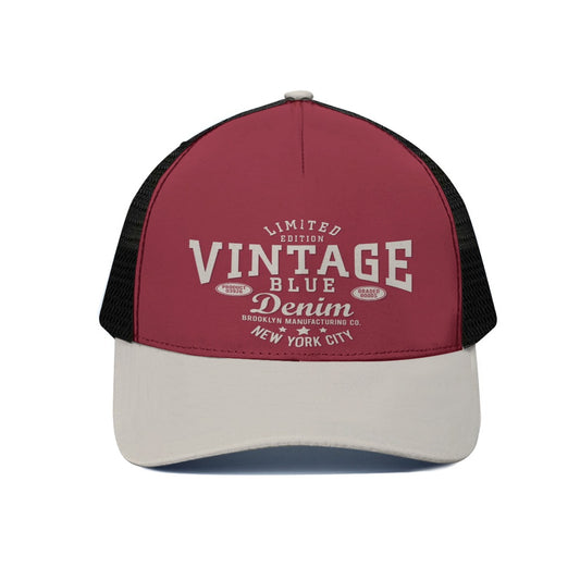 Red and beige cap with 'Vintage Blue Denim' text on a white background