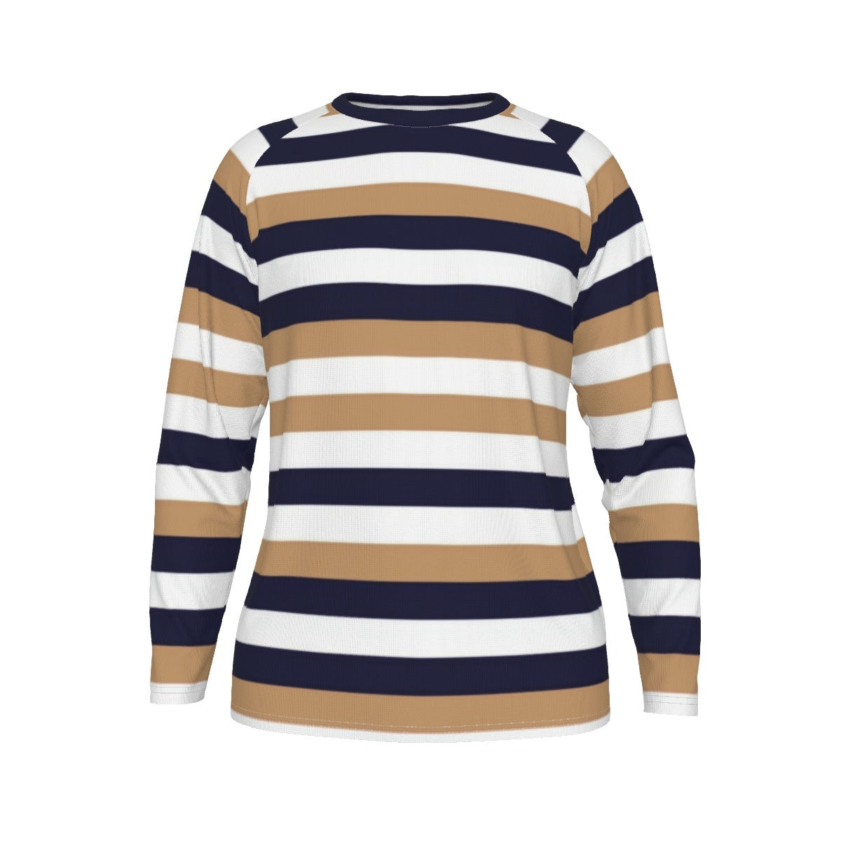 Long-sleeve shirt with navy, beige, and white stripes on a white background