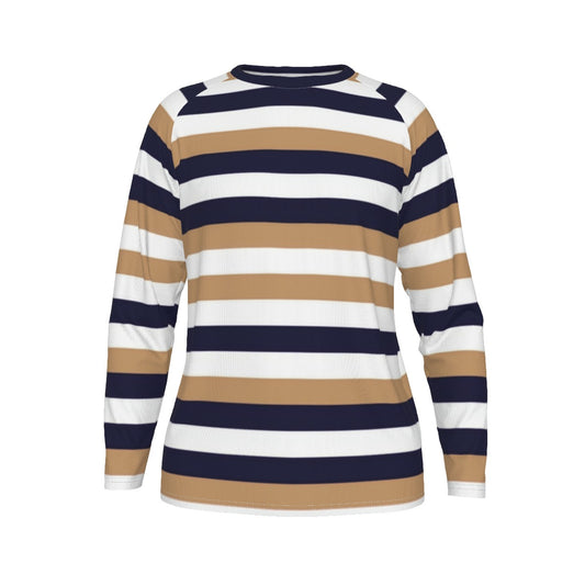 Long-sleeve shirt with navy, beige, and white stripes on a white background
