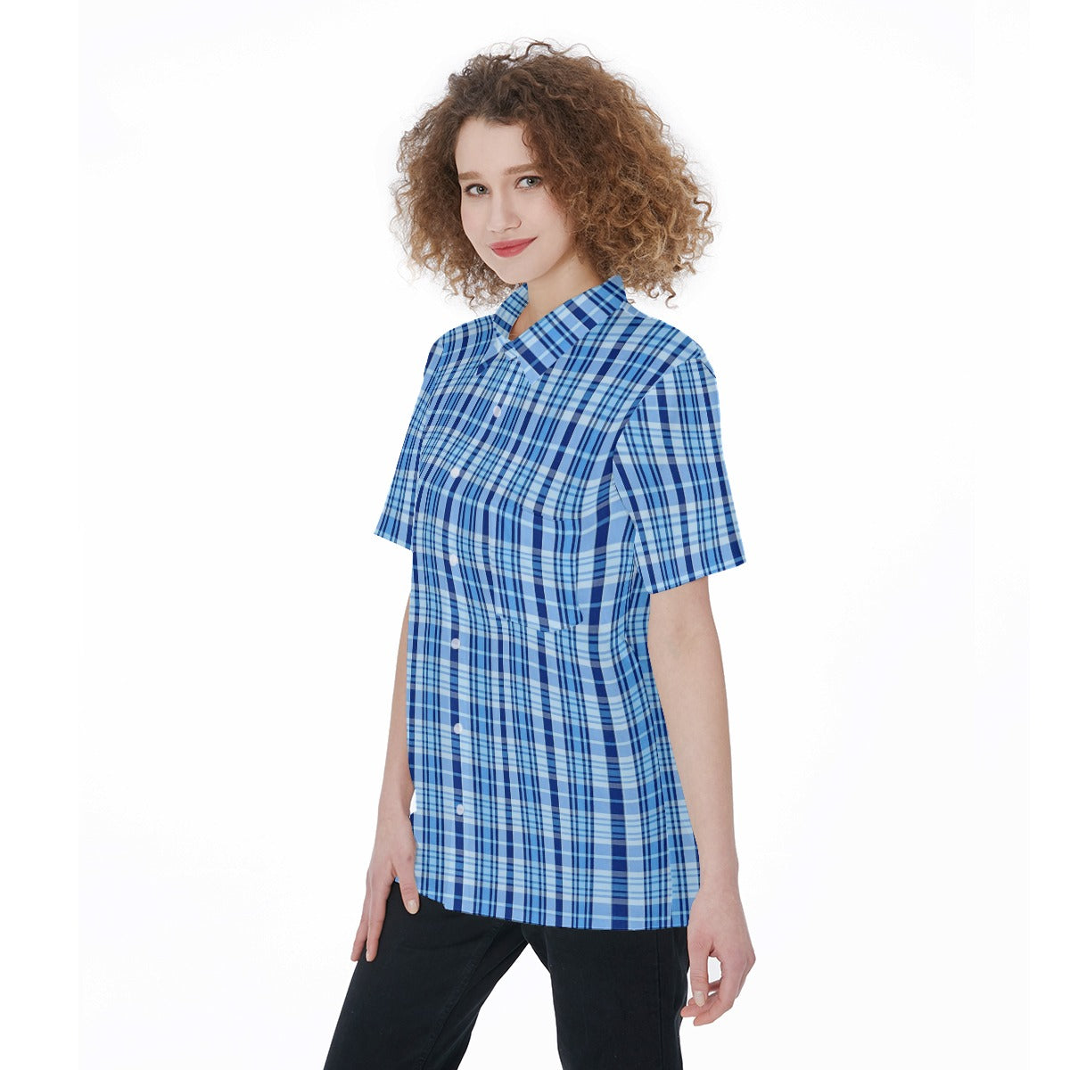 North Carolina Tartan Plaid Tar Heels Blue Women's Short Sleeve Shirt With Pocket