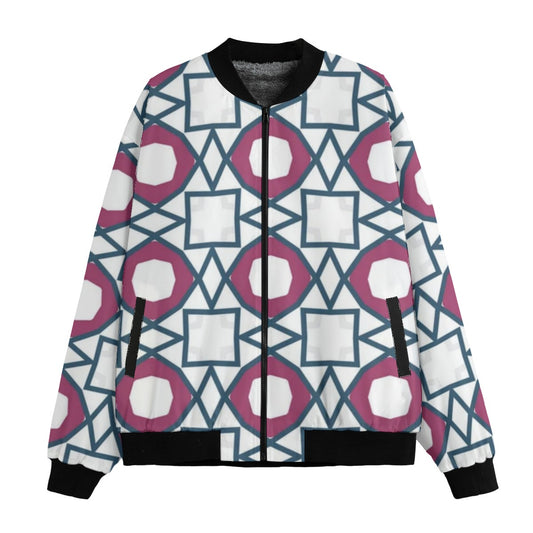 BoomBox Vibes Abstract Ornament Fleece Bomber Jacket – Artistic Streetwear Fashion