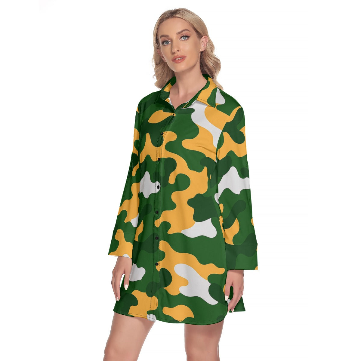 Green Bay Football Game Day All-Over Print Women's Lapel Shirt Dress With Long Sleeve