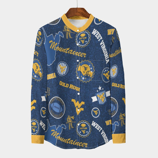 West Virginia Mountaineers Stand Collar Shirt With Long Sleeve|110GSM Imitation Flax