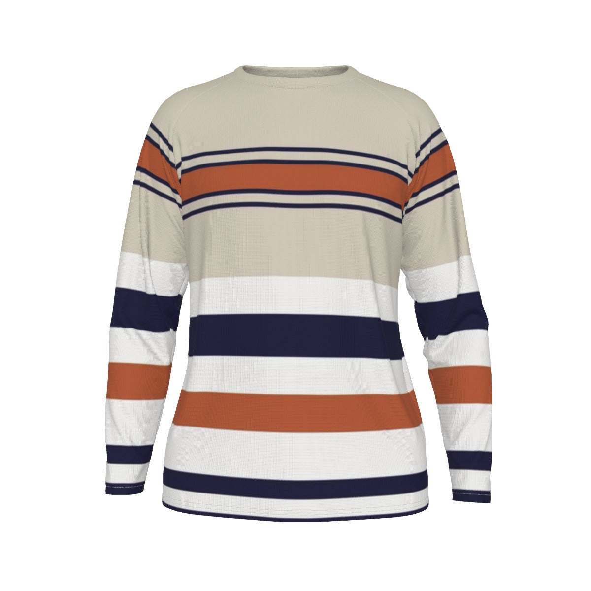 Beige sweater with orange, navy, and white stripes on a white background