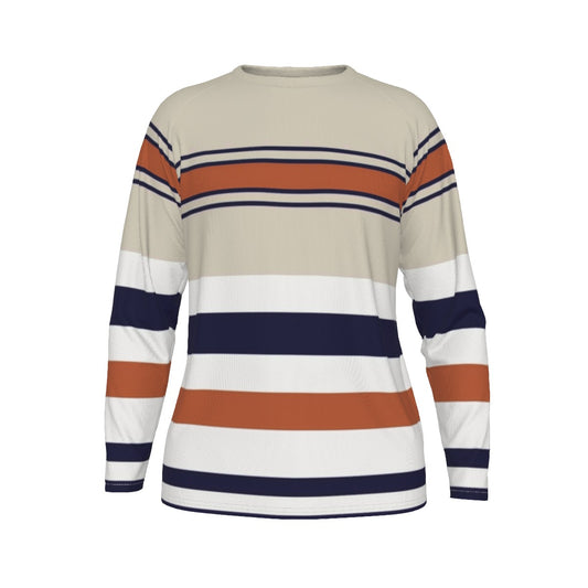 Beige sweater with orange, navy, and white stripes on a white background