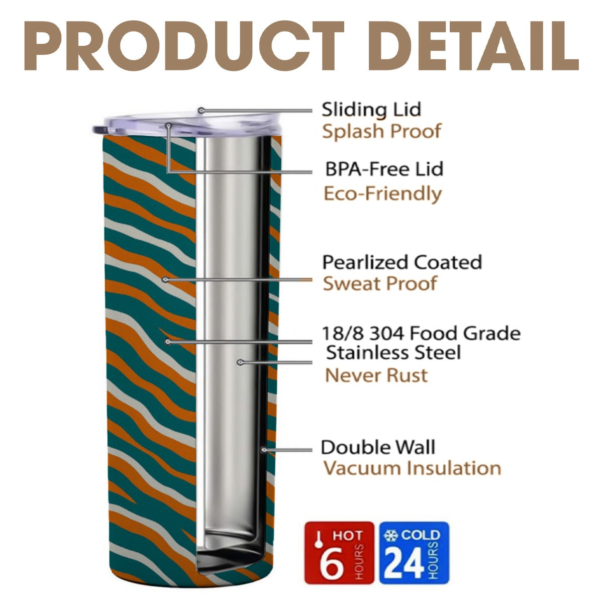 Miami Football Game Day Skinny Tumbler Stainless Steel with Lids 20OZ