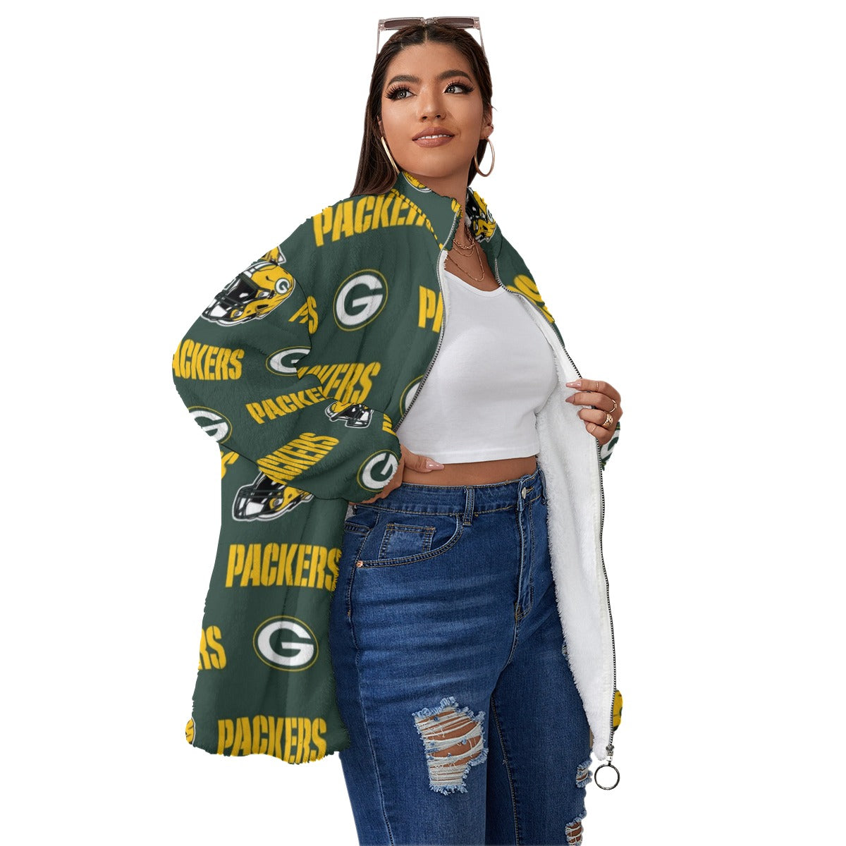 Green Bay Football Game Day All-Over Print Unisex Borg Fleece Stand-up Collar Coat With Zipper Closure(Plus Size)