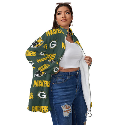 Green Bay Football Game Day All-Over Print Unisex Borg Fleece Stand-up Collar Coat With Zipper Closure(Plus Size)