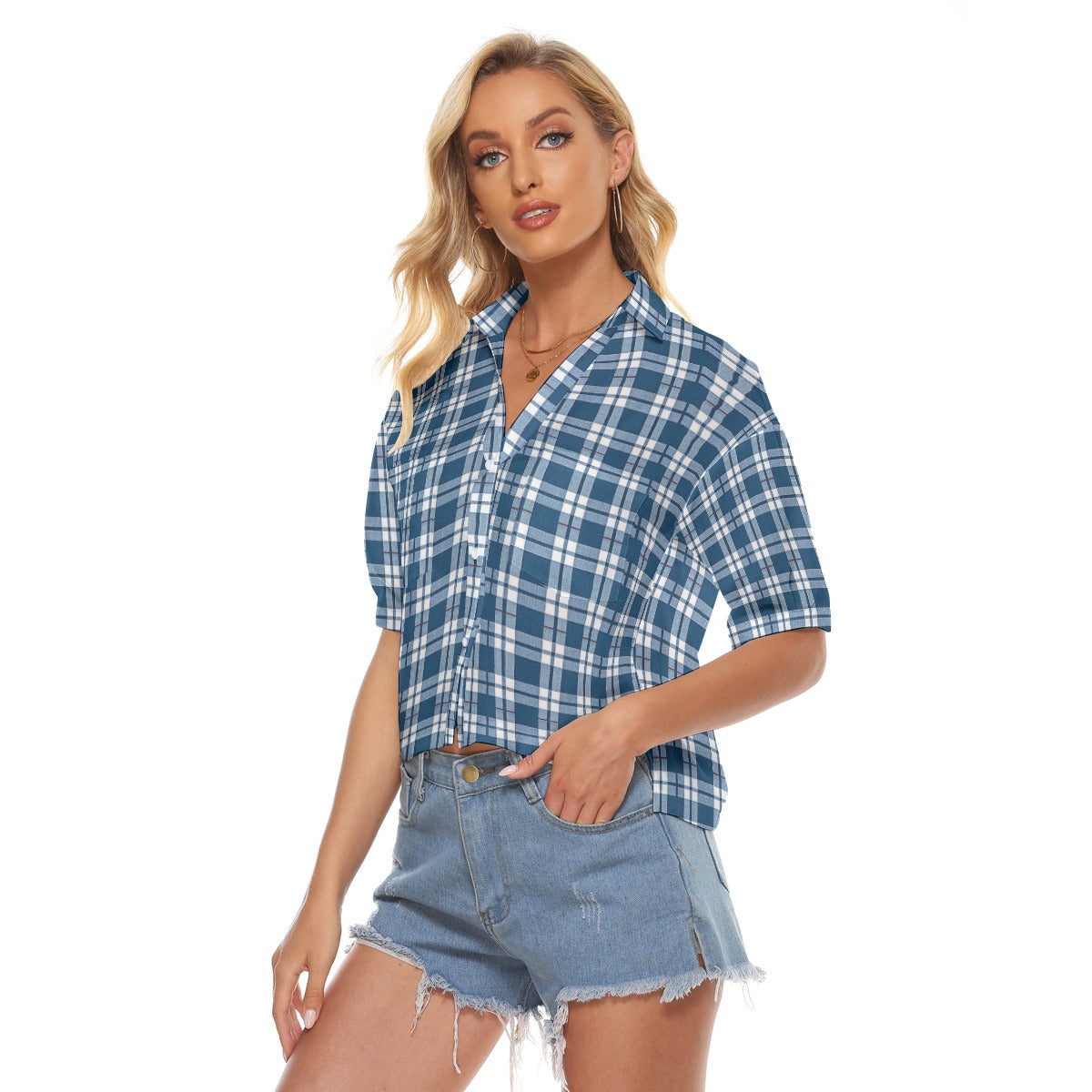 Connecticut Huskies Tartan Plaid Women's V-Neck Shirt – Blue and White College Streetwear for Modern