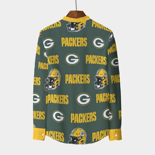 Green Bay Football Game Day All-Over Print Men's Stand Collar Shirt With Long Sleeve|110GSM Imitation Flax