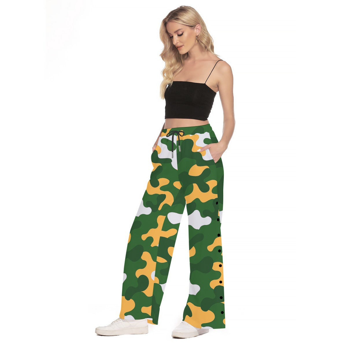 Green Bay Football Game Day All-Over Print Women's Side Slit Snap Button Trousers