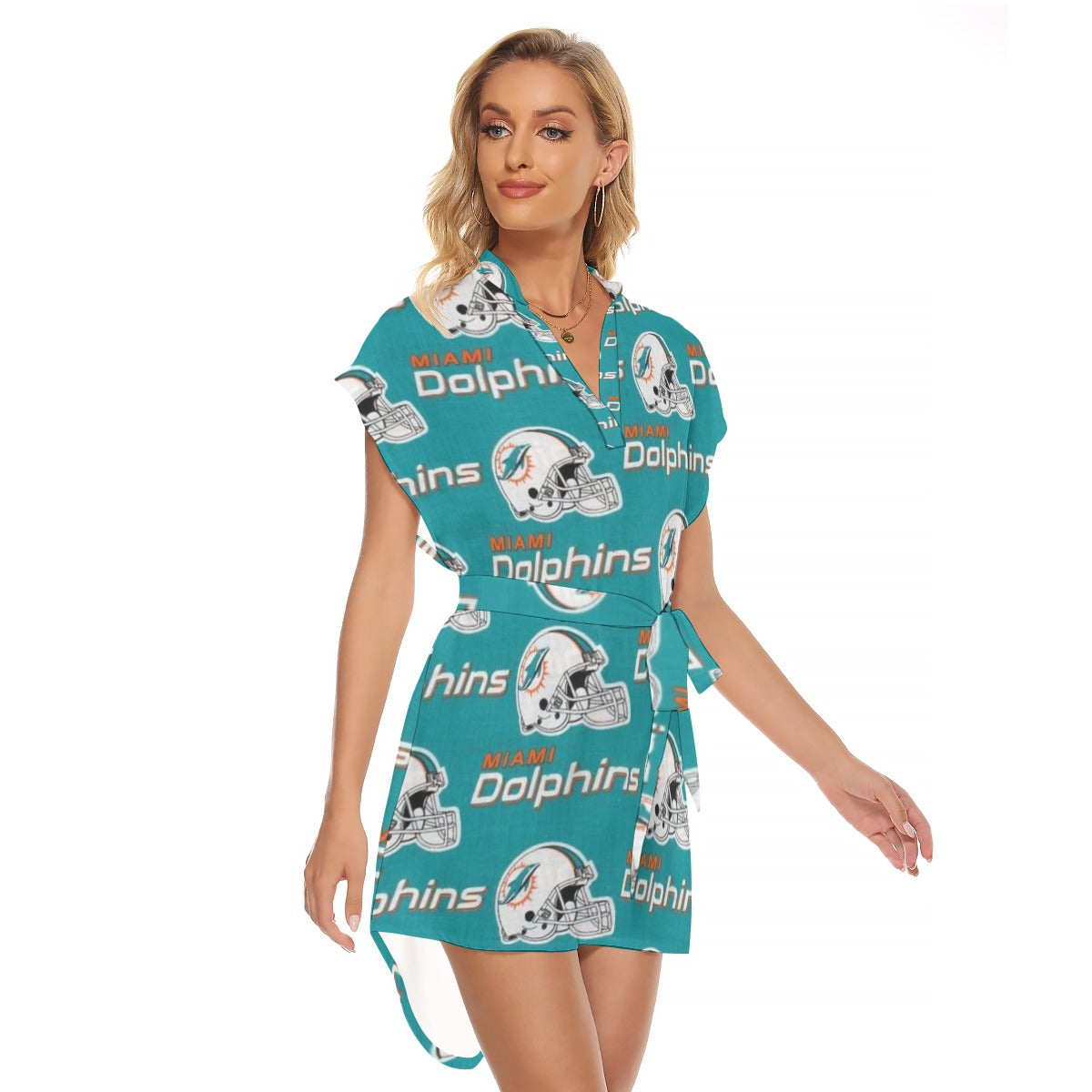 Miami Football Game Day All-Over Print Women's Stand-up Collar Casual Dress With Belt