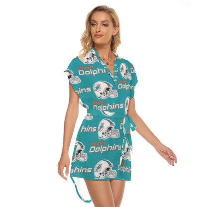 Miami Football Game Day All-Over Print Women's Stand-up Collar Casual Dress With Belt